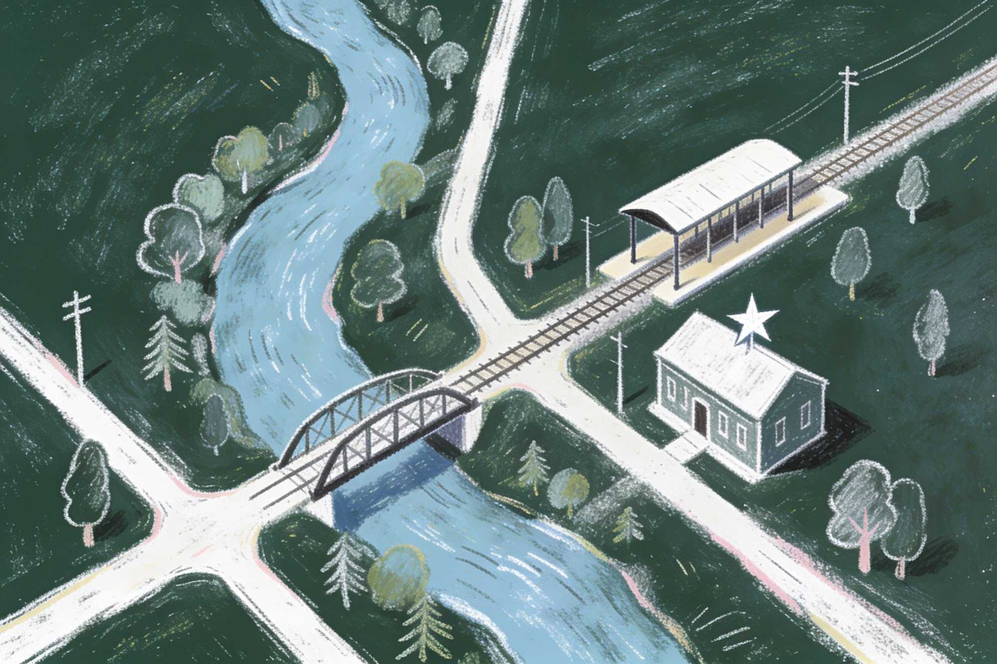 A chalk-drawn map: the river and an iron bridge, streets, the station and a building marked with a star