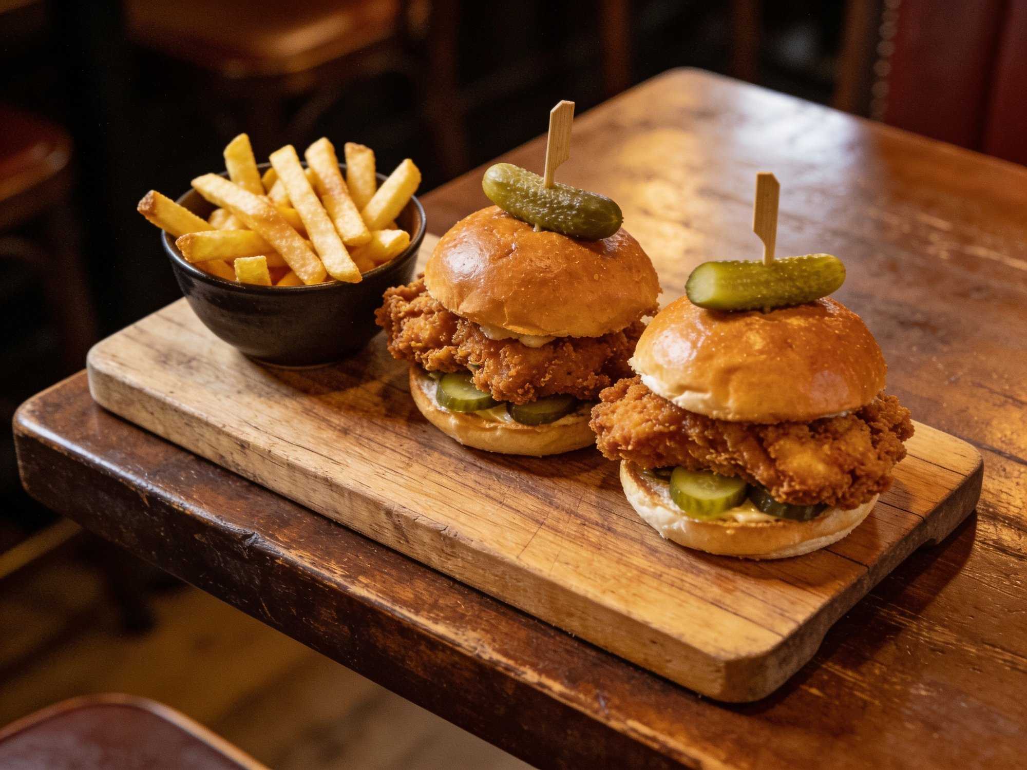 Two fried chicken buns with pickles and a bowl of fries on a wooden board
