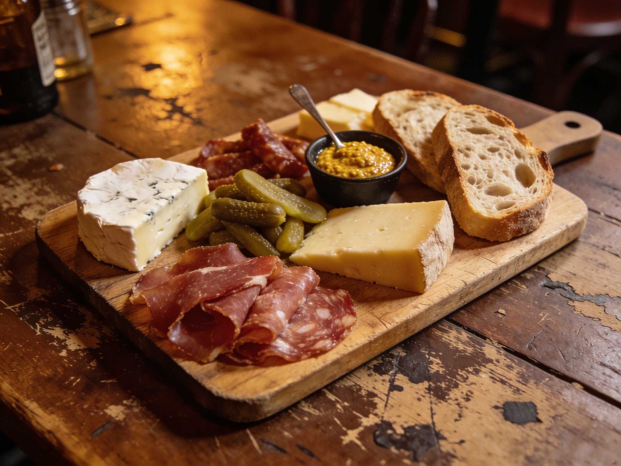 A board of cheese, cured meats, pickles, mustard and sourdough on a scarred wooden table