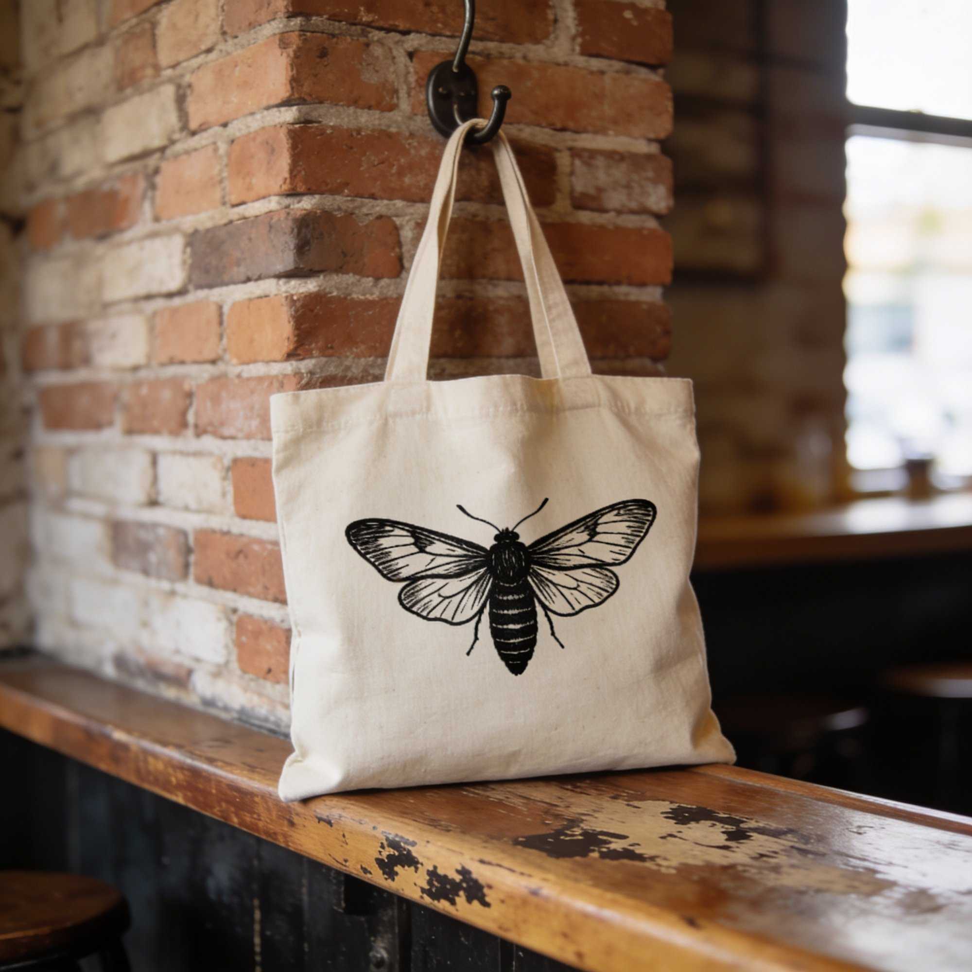 A natural canvas tote bag with a black moth print hanging on a brick wall