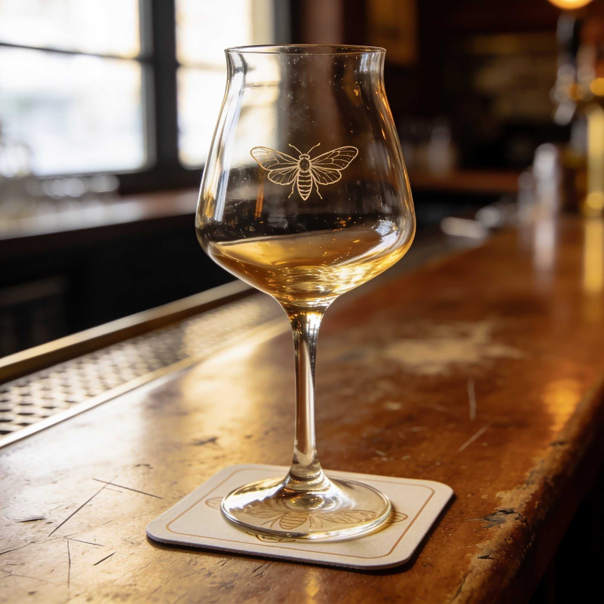 An empty tulip beer glass with a small moth etched on it, on a beer mat on a wooden bar