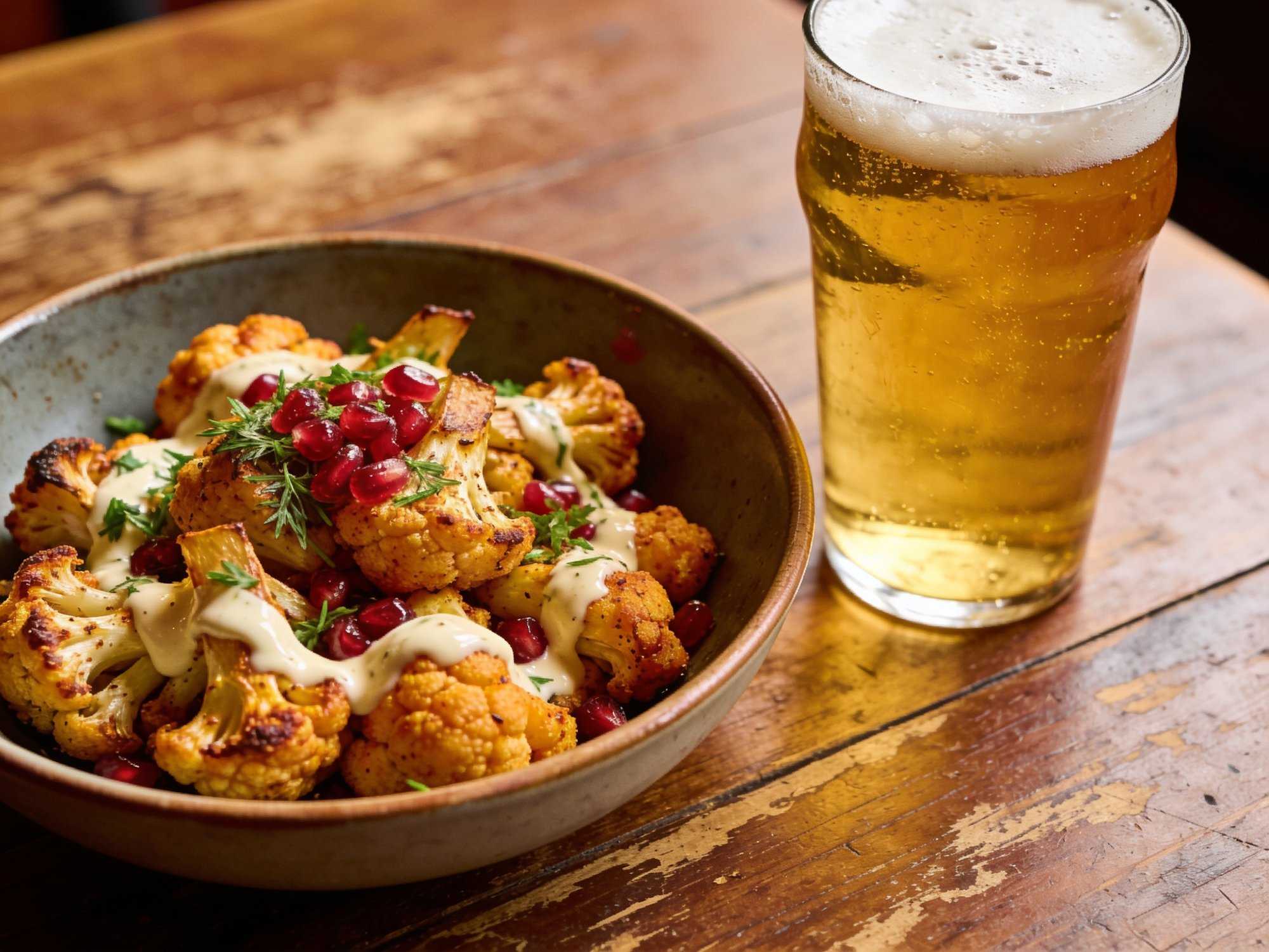 A bowl of roasted cauliflower with tahini, herbs and pomegranate next to a pint of pale beer