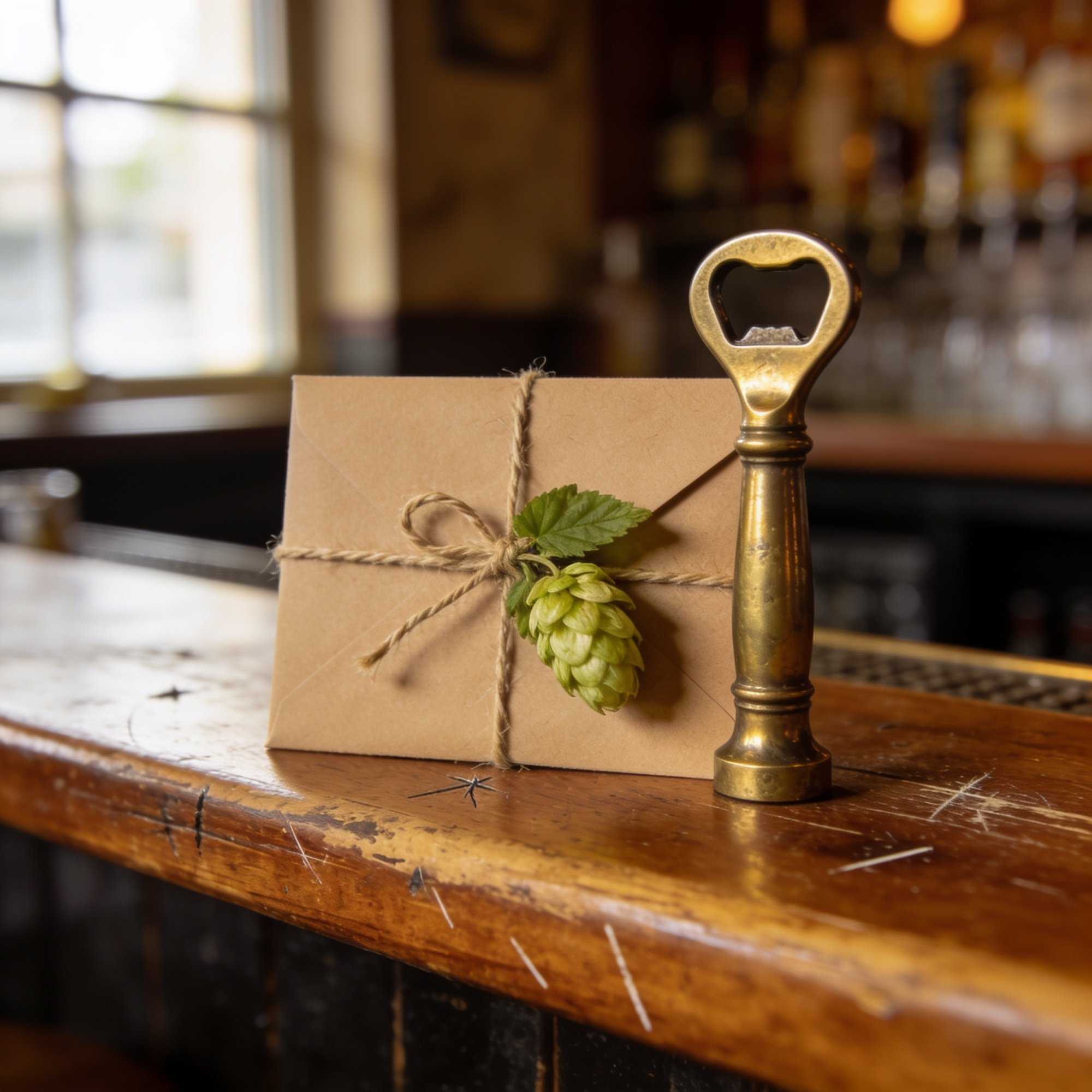 A kraft paper envelope tied with twine and a sprig of hops next to a brass bottle opener