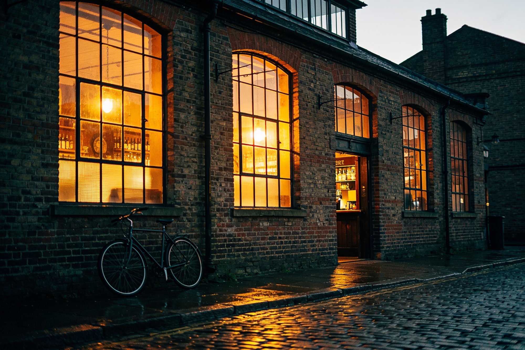 A brick building with tall lit windows at dusk, a bicycle against the wall and wet cobbles in front