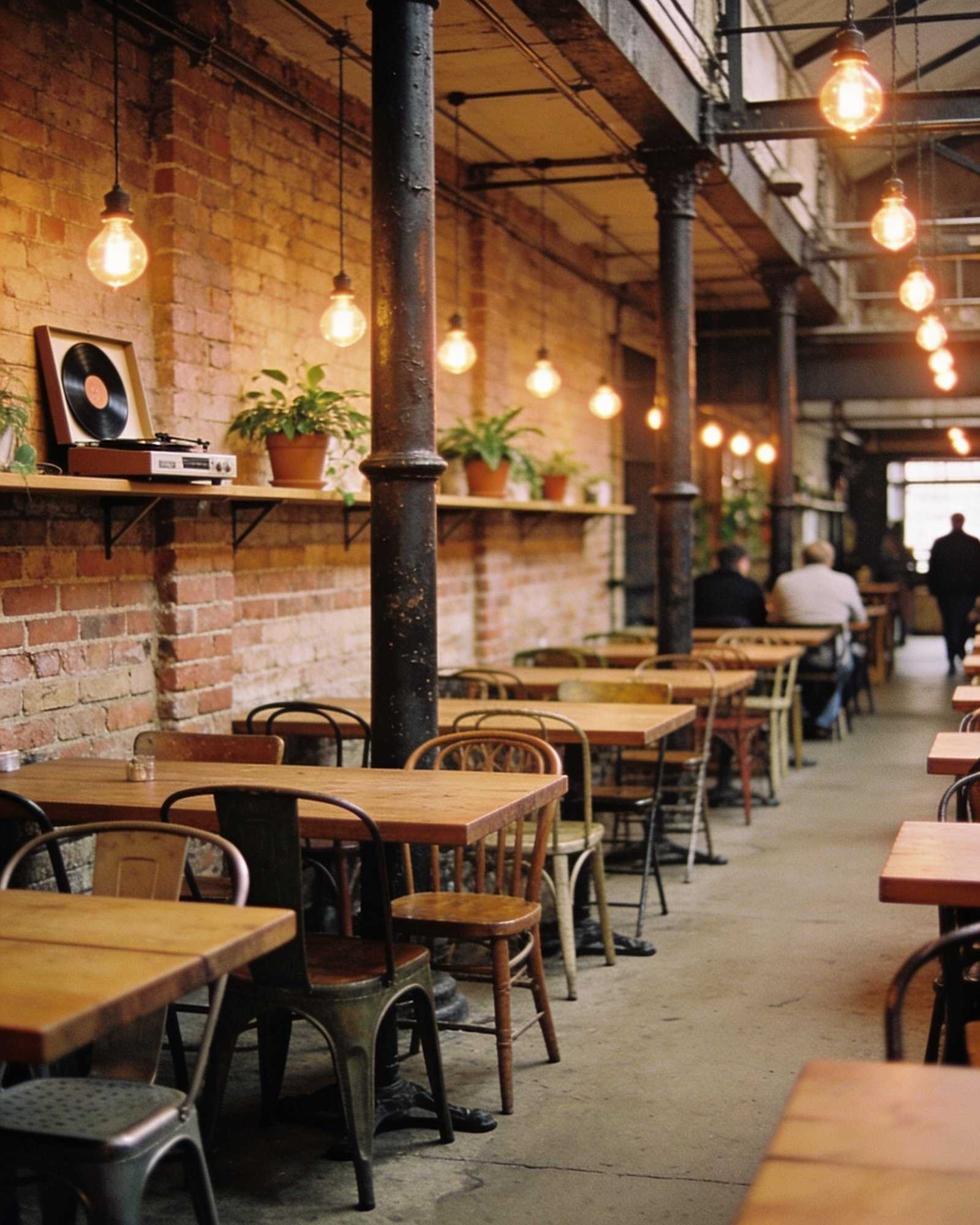 A long taproom with wooden tables and mismatched chairs, iron columns, brick walls, plants on shelves and warm hanging bulbs