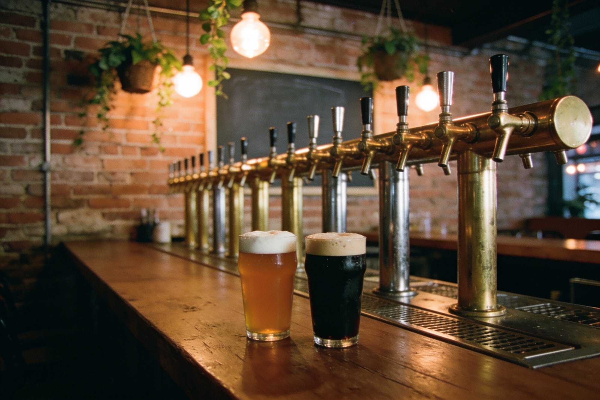 A row of brass beer taps on a long wooden bar with a pint of amber beer and a pint of stout, brick walls and warm bulbs behind